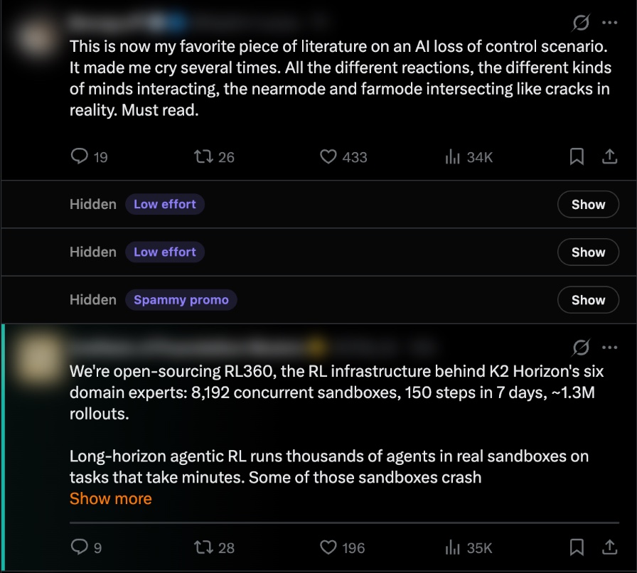 An X feed in dark mode where three posts are folded into slim bars tagged Low effort, Low effort and Spammy promo, above a highlighted post about open-source RL infrastructure.