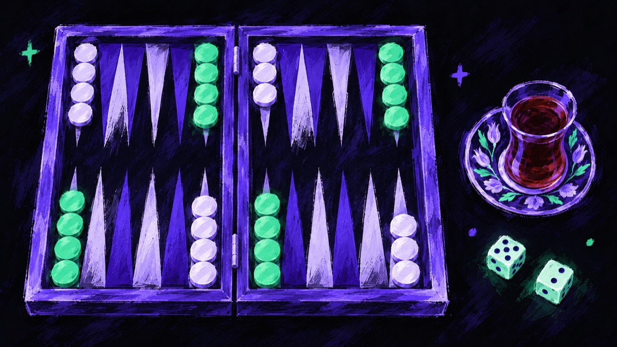 An illustrated open tavla board on a dark background, drawn in violet, with mint-green and lavender checkers on the points, a glass of Turkish tea on a saucer and two glowing green dice beside it.